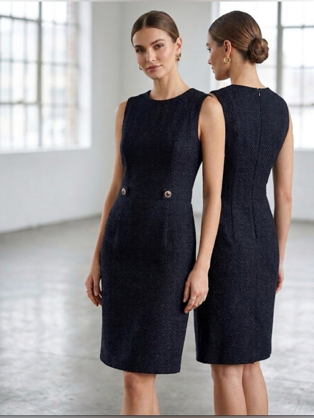 NWT Marc Cain Black Tweed Sheath Dress Jewel Buttons Sz N3/US 8 Retail $325